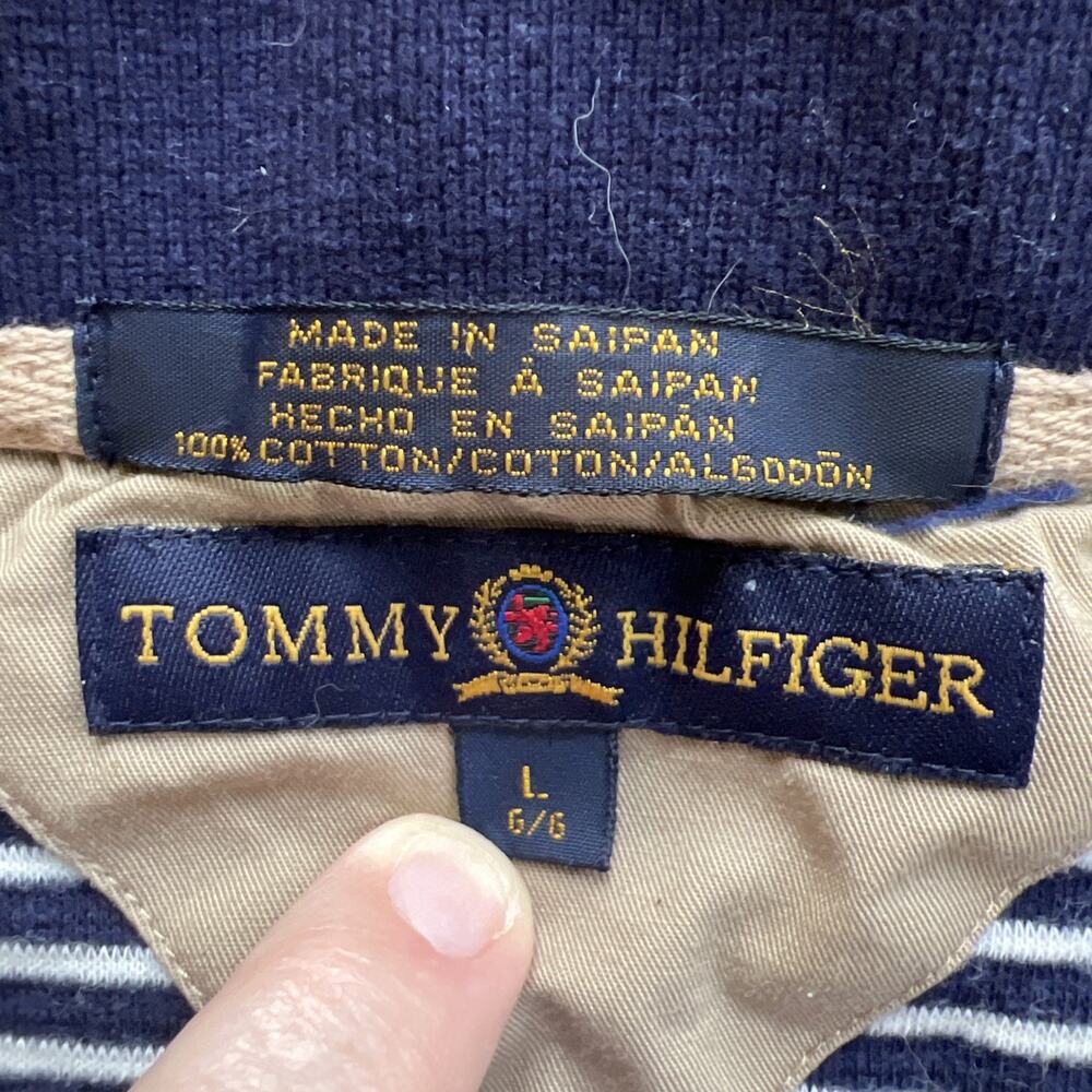 Vintage Tommy Hilfiger 1/4 Zip Striped Navy/White Polo Red Cotton Crest H Logo L - Picture 5 of 9